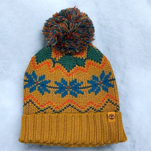 TIMBERLAND Women's Fair Isle Pom Beanie OS in Wheat Combo - Picture 3 of 6